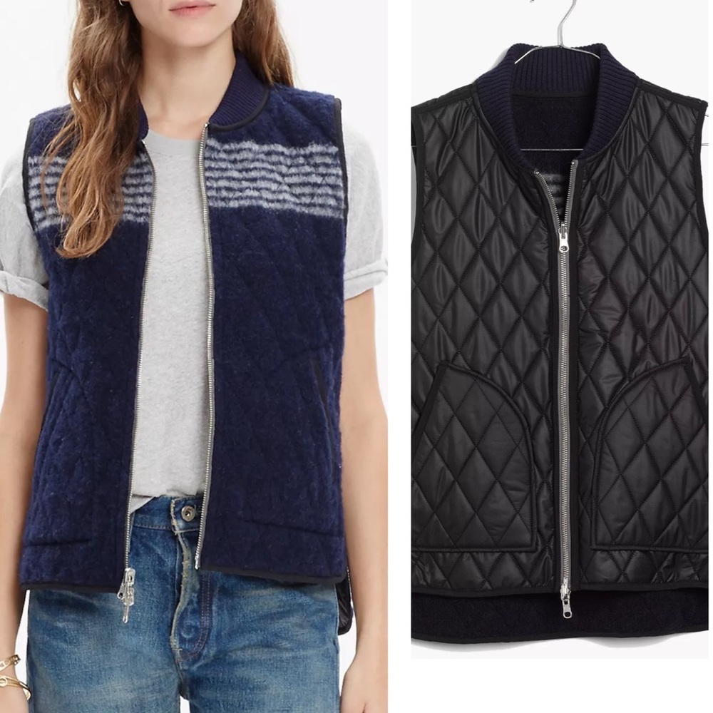 Madewell Reversible Vest in Stripe Navy & Black Puffer Style Vest Size Medium